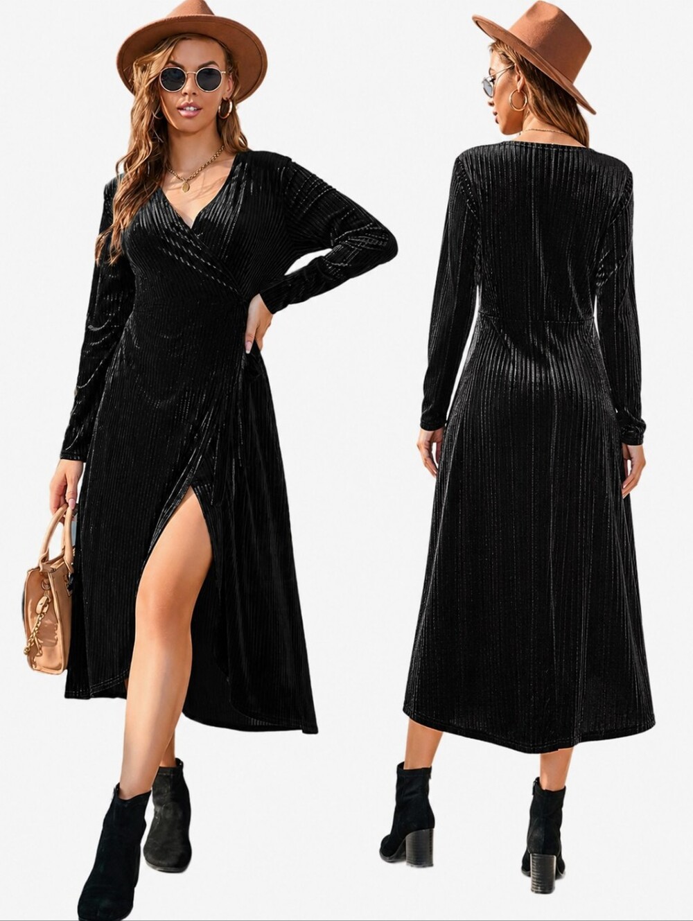 NWT Black Pleated Velvet Dress Long Sleeve V-Neck Stretch L boho chic, witchy